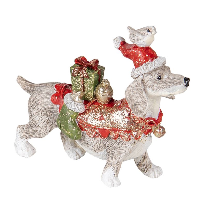 Foto van Clayre & eef kerstdecoratie beeld hond 9*3*8 cm wit rood kunststof decoratief figuur decoratieve accessoires