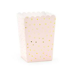 Foto van Partydeco popcorn/snoep bakjes - 6x - roze/goud stippen - karton - 7 x 7 x 12 cm - wegwerpbakjes