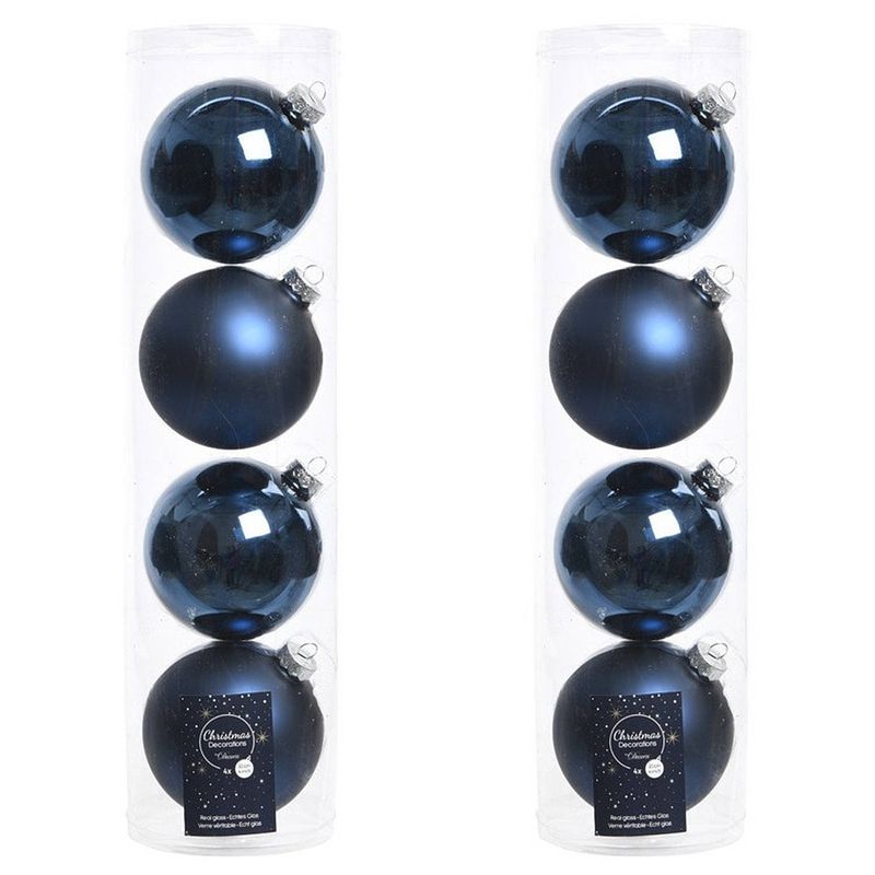 Foto van Tubes met 8x donkerblauwe kerstballen van glas 10 cm glans en mat - kerstbal