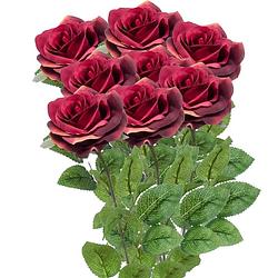 Foto van Emerald kunstbloemen boeket roos marleen - 8x - wijn rood - 63 cm - decoratie bloemen - kunstbloemen