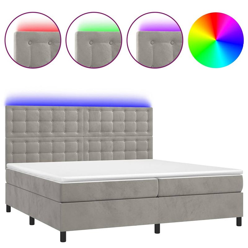 Foto van The living store boxspring - fluweel - led - pocketvering - topmatras - 203x200x118/128cm - lichtgrijs