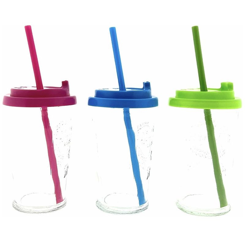 Foto van Drinkglas met rietje en deksel - mason jar- 240 ml - 3 stuks