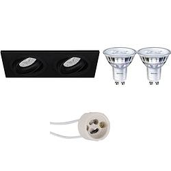 Foto van Led spot set - pragmi borny pro - gu10 fitting - inbouw rechthoek dubbel - mat zwart - kantelbaar - 175x92mm - philips -