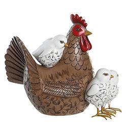 Foto van Home decoratie dieren/vogel beeldje - kip met kuikens - 25 x 22 cm - binnen/buiten - bruin/wit - beeldjes