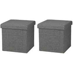 Foto van Urban living poef/hocker - 2x - opbergbox zit krukje - donkergrijs - linnen/mdf - 37 x 37 cm - opvouwbaar - poefs