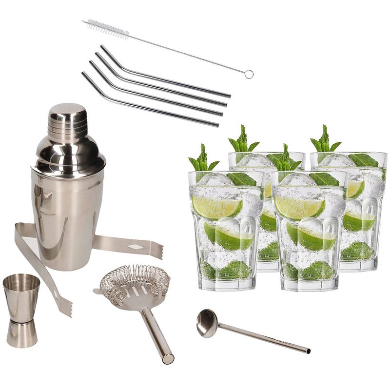 Foto van Cocktailshaker set rvs 5-delig inclusief 4x cocktailglazen 410 ml met 4x rvs rietjes - cocktailshakers