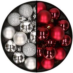 Foto van 36x stuks kunststof kerstballen zilver en donkerrood 3 en 4 cm - kerstbal