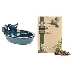 Foto van Vogelvoeder- en drinkschaal blauw keramiek 21 cm inclusief vogelvoer - vogelhuisjes