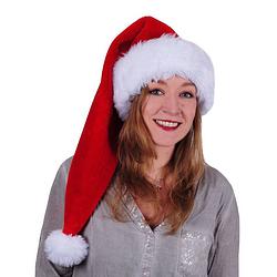 Foto van Luxe lange kerstmuts rood/wit van pluche voor volwassenen 78 cm - kerstmutsen