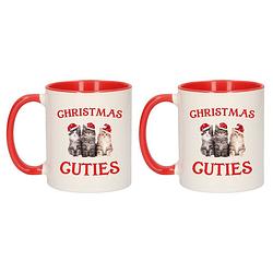 Foto van Set van 2x stuks christmas cuties kerstcadeau kerstmokken rood met kittens 300 ml - bekers