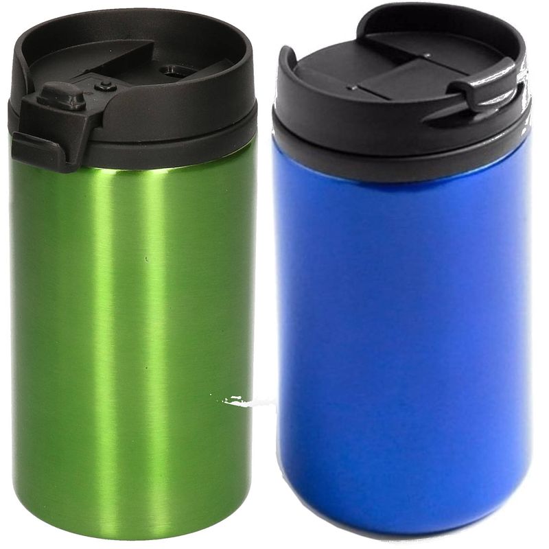 Foto van Set van 2x stuks warmhoudbekers/warm houd bekers metallic groen en blauw 320 ml - thermosbeker