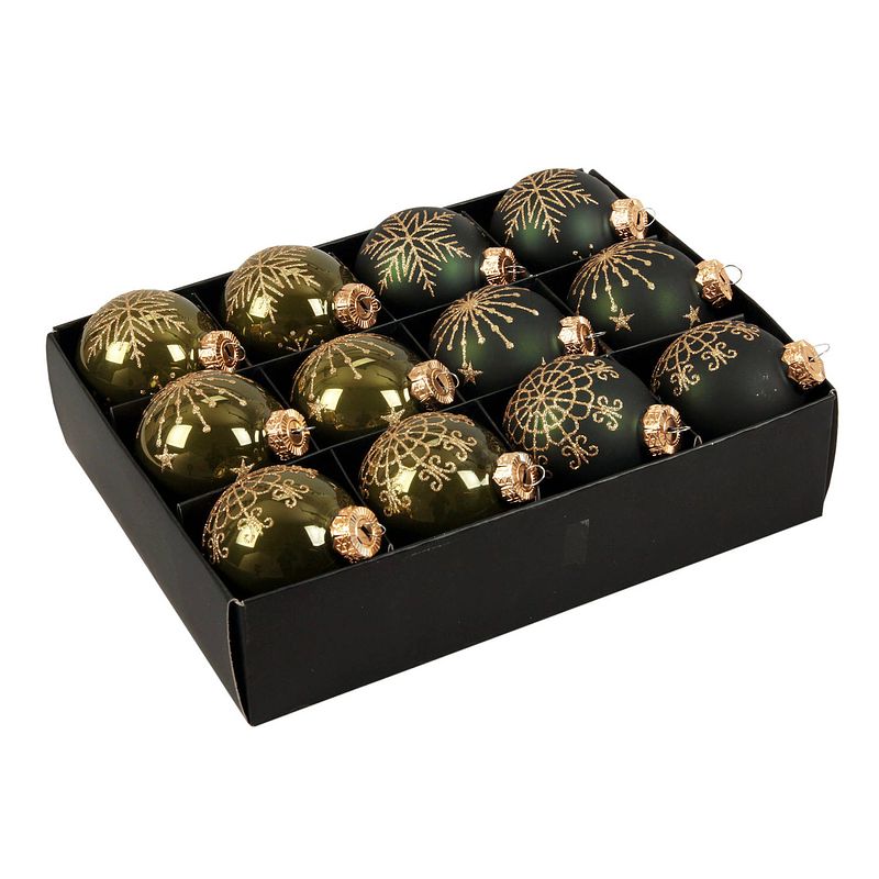 Foto van 12x stuks luxe glazen gedecoreerde kerstballen donkergroen 7,5 cm - kerstbal