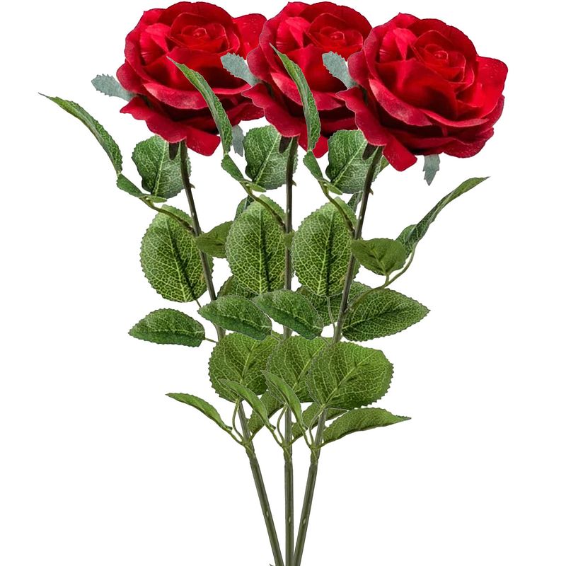 Foto van Emerald kunstbloem roos marleen - 3x - rood - 63 cm - decoratie bloemen - kunstbloemen