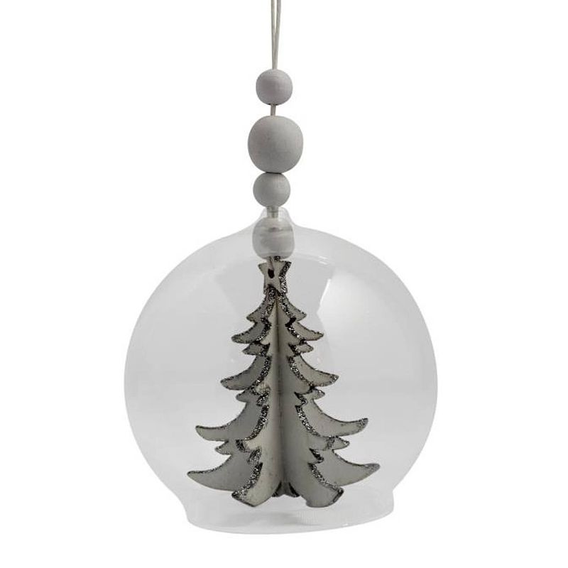 Foto van Peha kerstbal met kerstboom 8 cm hout wit/zilver