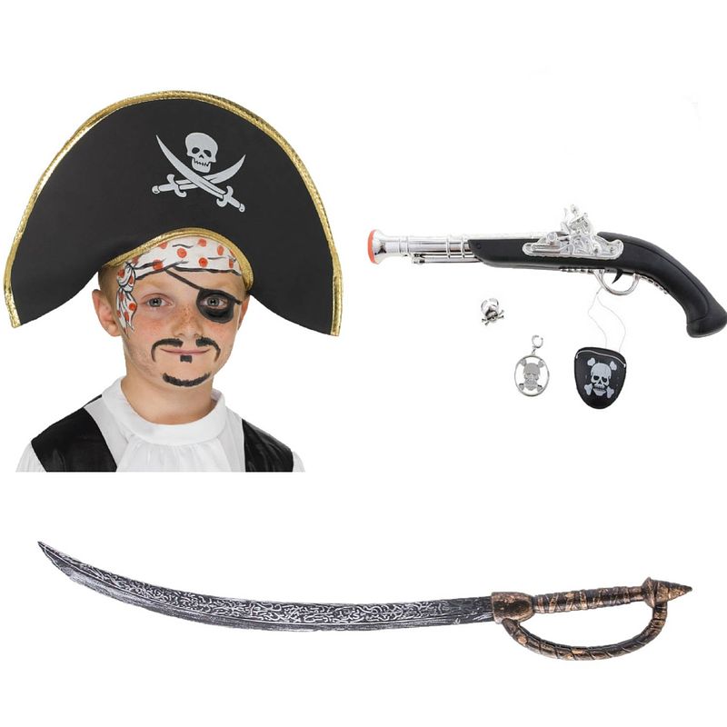 Foto van Verkleed speelgoed piraten hoed zwaard en pistool met ooglapje - verkleedhoofddeksels