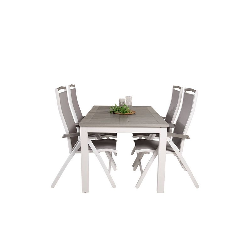 Foto van Albany tuinmeubelset tafel 90x160/240cm en 4 stoel 5pos albany wit, grijs.