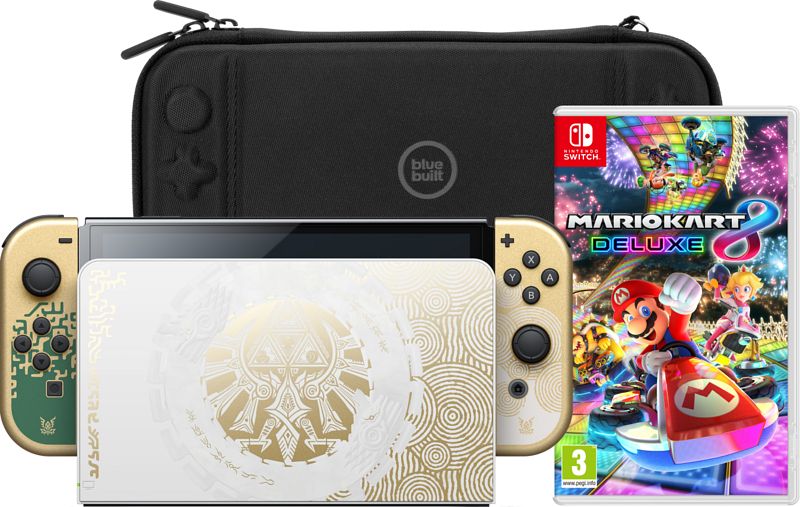 Foto van Nintendo switch oled zelda edition + mario kart 8 deluxe + bluebuilt beschermhoes