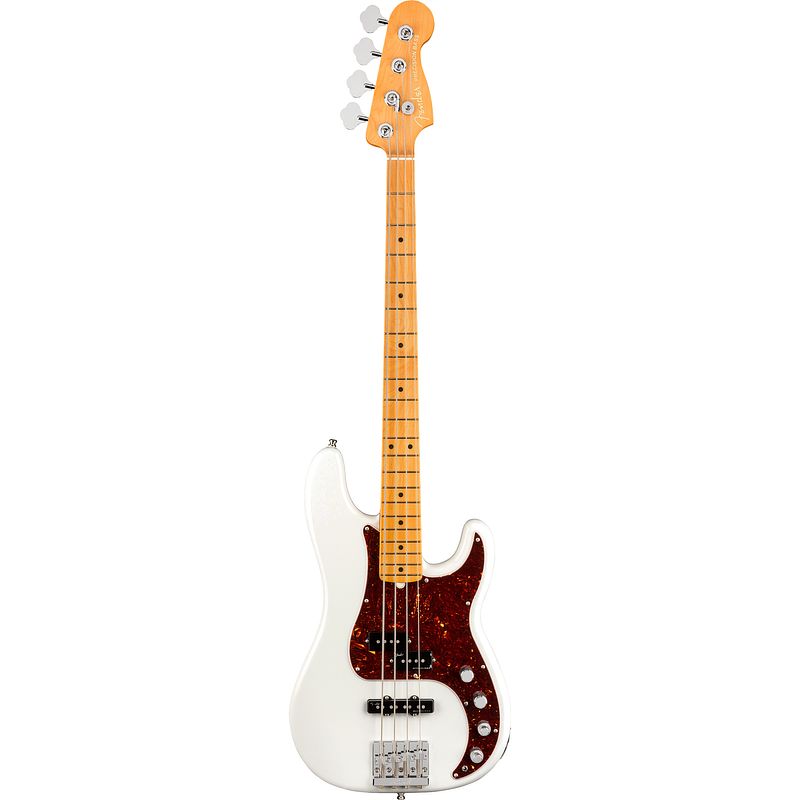 Foto van Fender american ultra precision bass arctic pearl mn met koffer