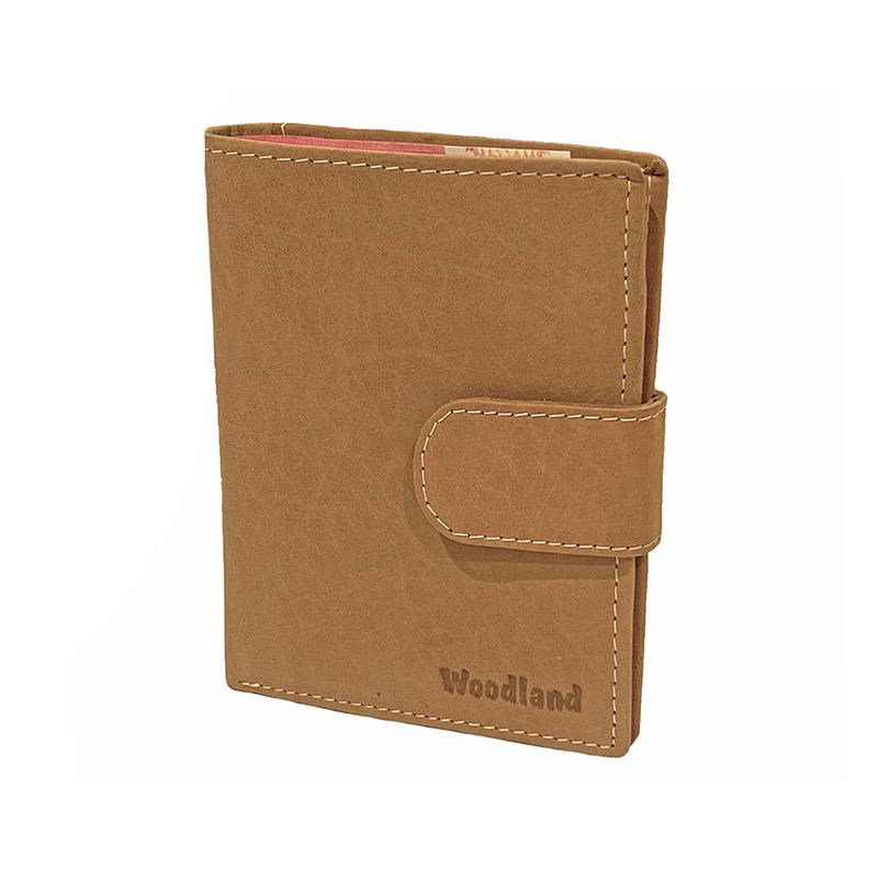 Foto van Woodland leren billfold portemonnee staand model met sluitclip cognac