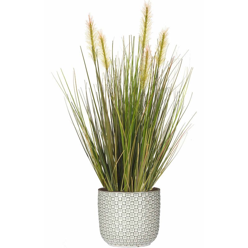 Foto van Kunstplant groen rietgras sprieten 45 cm in luxe daan stijl-motief bloempot wit - kunstplanten