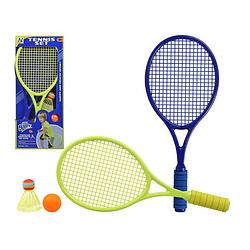 Foto van Tennisset/badmintonset voor kinderen blauw/groen met bal en shuttle 46 cm - badmintonsets