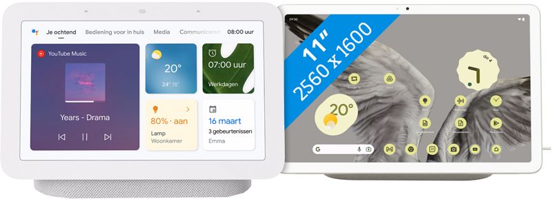 Foto van Google pixel tablet 256gb wifi creme en oplaaddock met speaker + nest hub 2 chalk