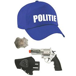 Foto van Politie verkleed cap/pet blauw met pistool/holster/badge voor kinderen - verkleedhoofddeksels