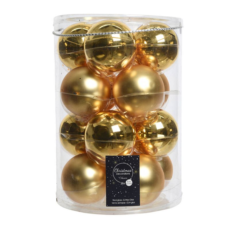 Foto van Kerstballen glas glans-mat 80mm licht goud groot