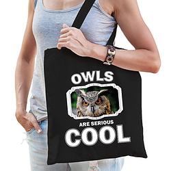 Foto van Katoenen tasje owls are serious cool zwart - uilen/ uil cadeau tas - feest boodschappentassen