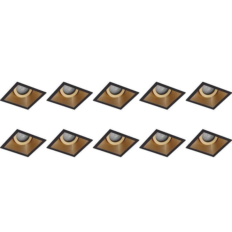 Foto van Spot armatuur 10 pack - pragmi zano pro - gu10 fitting - inbouw vierkant - mat zwart/goud - aluminium - kantelbaar -