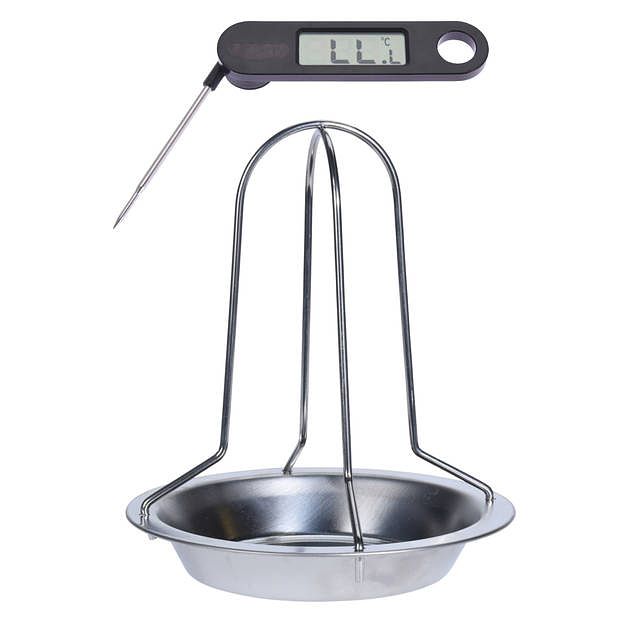 Foto van Rvs kiprooster/kiphouder/kippenrooster voor de barbecue/bbq/oven 20 cm met vleesthermometer - barbecueroosters