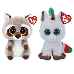 Foto van Ty - knuffel - beanie boo's - racoon & christmas unicorn