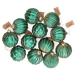 Foto van 12x groene glazen kerstballen met zilveren design 8 cm - kerstbal