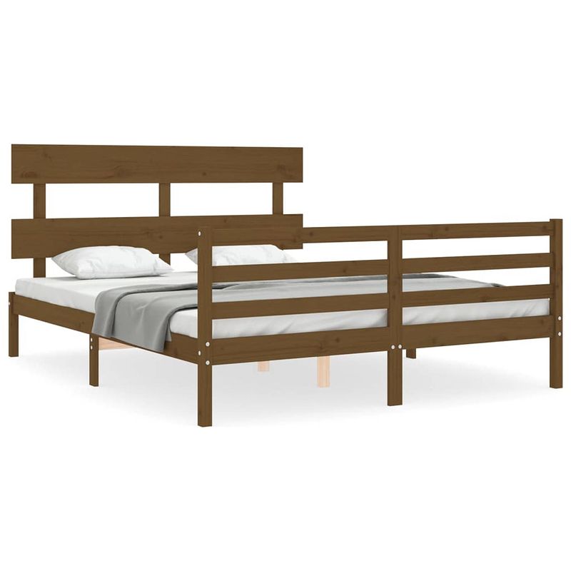 Foto van The living store massief grenenhouten bedframe - 205.5 x 165.5 x 81 cm - honingbruin - multiplex lattenbodem