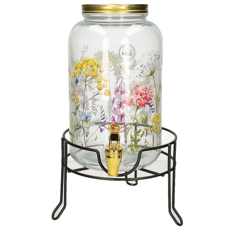 Foto van Limonade/drankdispenser op verhoger - 4 liter - glas - bloemenpatroon - h36 x b19 cm - drankdispensers