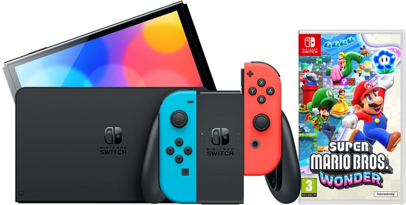 Foto van Nintendo switch oled rood/blauw + super mario bros. wonder