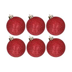 Foto van 6x stuks kunststof glitter kerstballen rood 6 cm - kerstbal