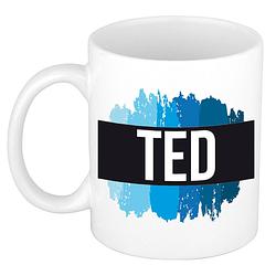 Foto van Naam cadeau mok / beker ted met blauwe verfstrepen 300 ml - naam mokken