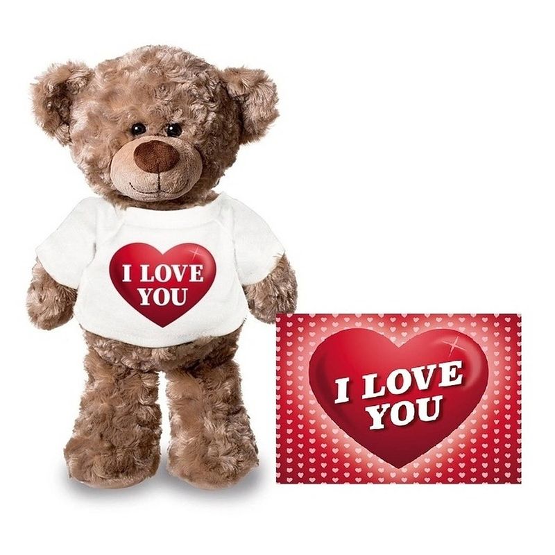 Foto van Valentijnskaart en knuffelbeer 24 cm met i love you hartje shirt - knuffelberen