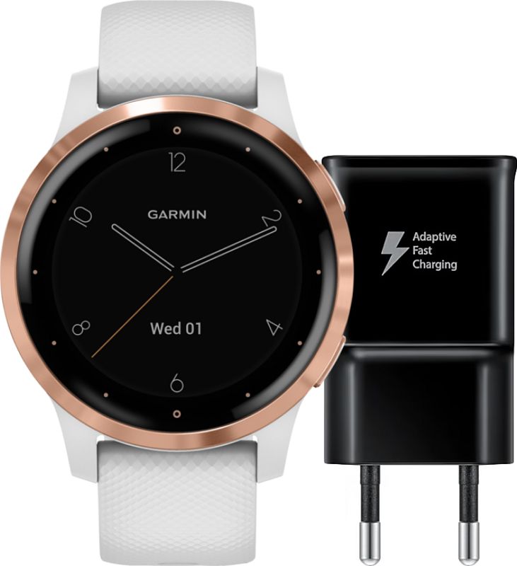 Foto van Garmin vivoactive 4s rosé goud/wit 40 mm + samsung adaptive fast charging oplader