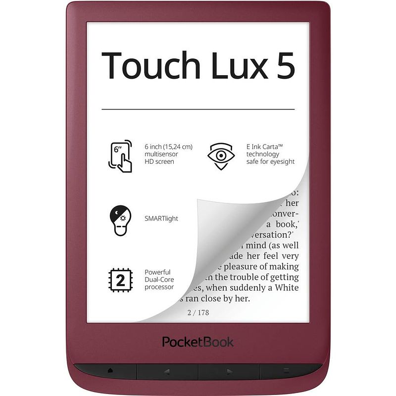 Foto van Pocketbook touch lux 5 rubyred ebook-reader 15.2 cm (6 inch) ruby, rood