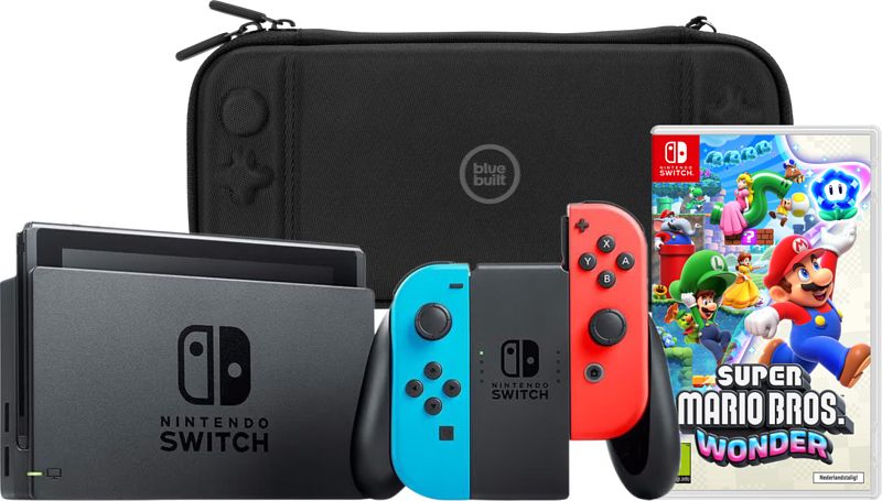 Foto van Nintendo switch rood/blauw + super mario bros. wonder + bluebuilt beschermhoes