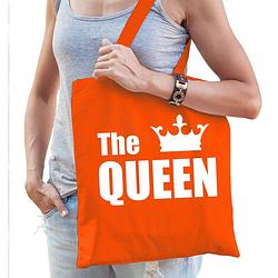 Foto van The queen tas / shopper oranje katoen met witte tekst en kroon voor dames - feest boodschappentassen