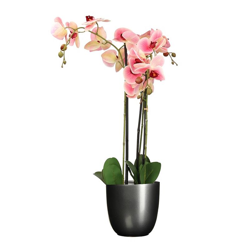 Foto van Orchidee kunstplant roze - 75 cm - inclusief bloempot zwart mat - kunstplanten