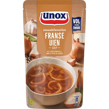 Foto van 2 zakken soep a 570 ml, pakken cupasoup a 3 stuks of single verpakkingen noodles of pasta | unox smaakfavoriet soep in zak franse uien 570ml aanbieding bij jumbo