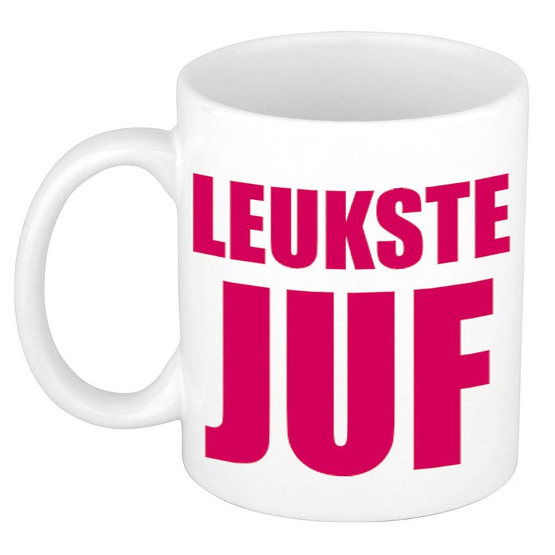 Foto van Leukste juf cadeau koffiemok / theebeker roze blokletters 300 ml - feest mokken