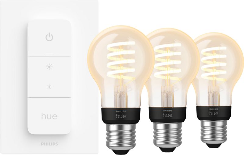 Foto van Philips hue filament white ambiance standaard 3-pack + dimmer