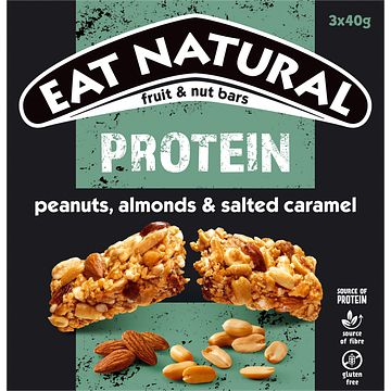 Foto van Eat natural fruit & nut bars protein peanuts, almond & salted caramel 3 x 40g bij jumbo