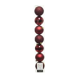 Foto van 7x stuks kunststof kerstballen donkerrood (oxblood) 8 cm glans/mat/glitter - kerstbal