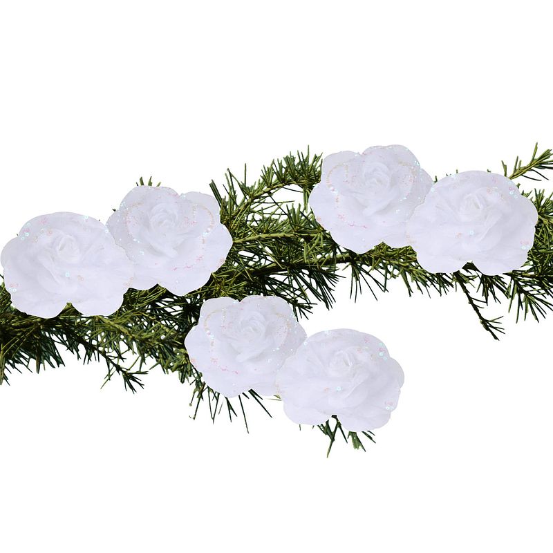 Foto van 6x stuks decoratie bloemen rozen wit op clip 9 cm - kersthangers